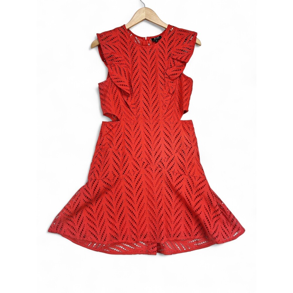 Bardot Red Eyelet Ruffle Cutout Midi Dress Sz 8